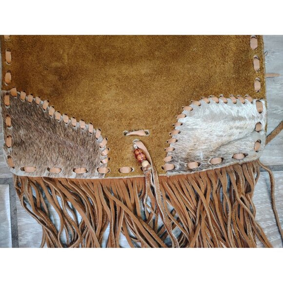 Handmade Leather Cowhide Beaded Crossbody Purse, Rainbow Cat, Pride Fringe Boho - Picture 5 of 7